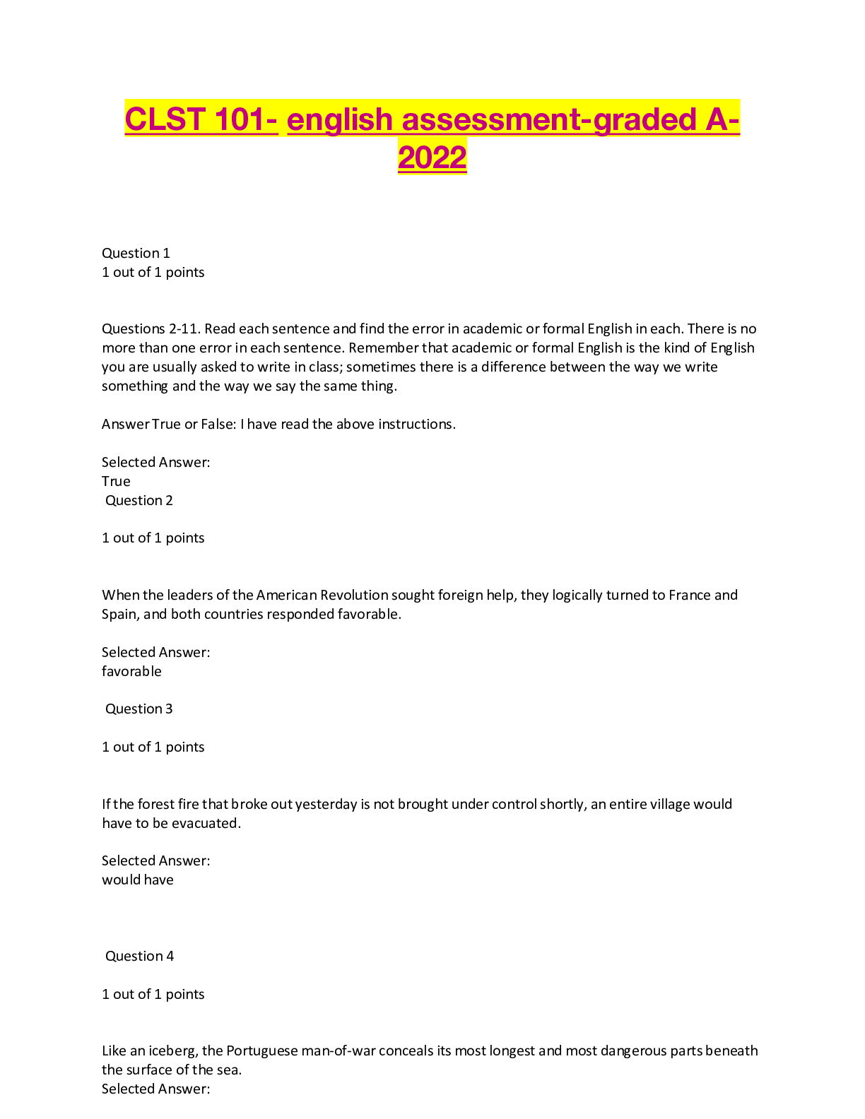 Preview of CLST 101- english assessment-graded A-2022